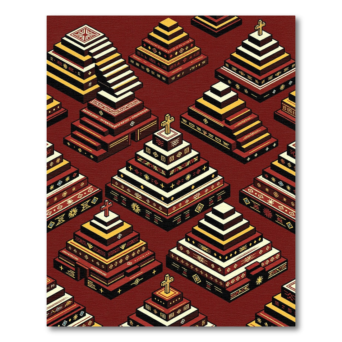 Red Yellow Geometric Tiered Symbol Rug