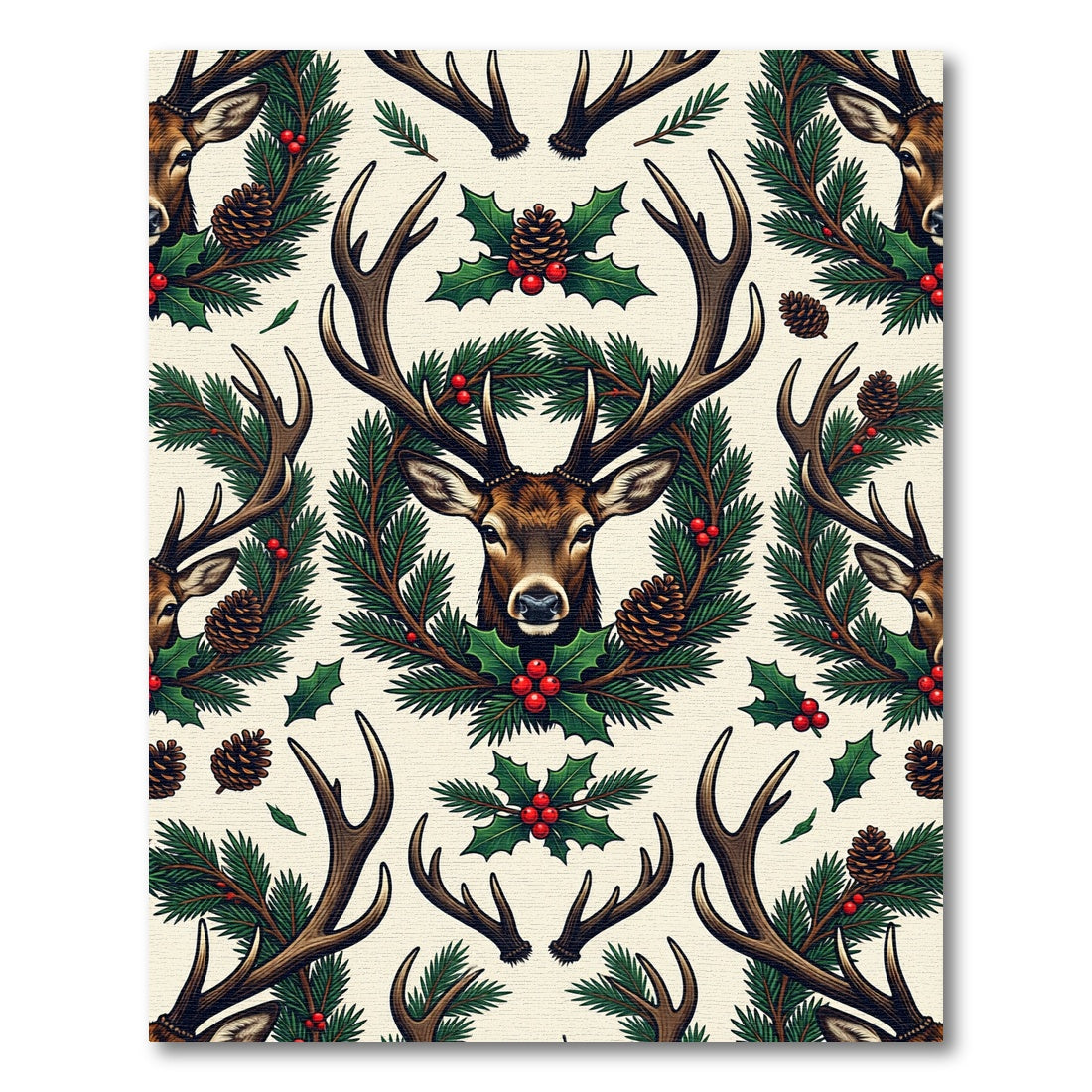 Festive Woodland Deer and Holly Holiday Rug
