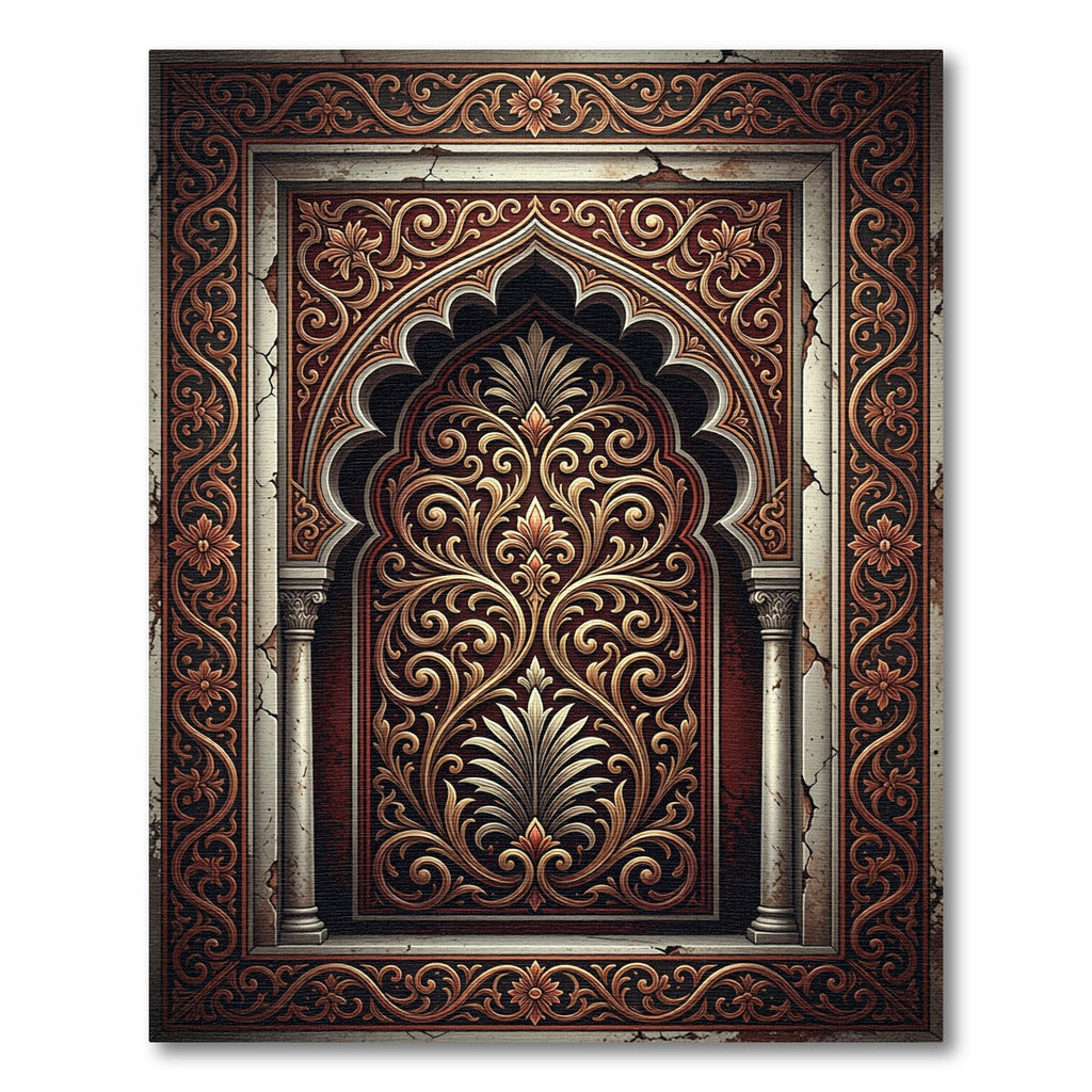 Ornate Gold Arch Damask Crimson Tapestry Rug