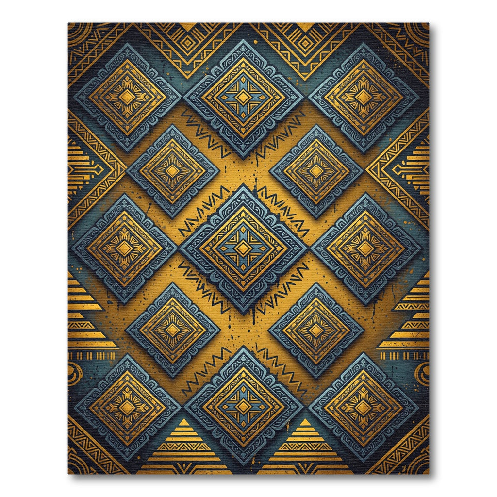 Golden Blue Tribal Diamond Medallions Rug