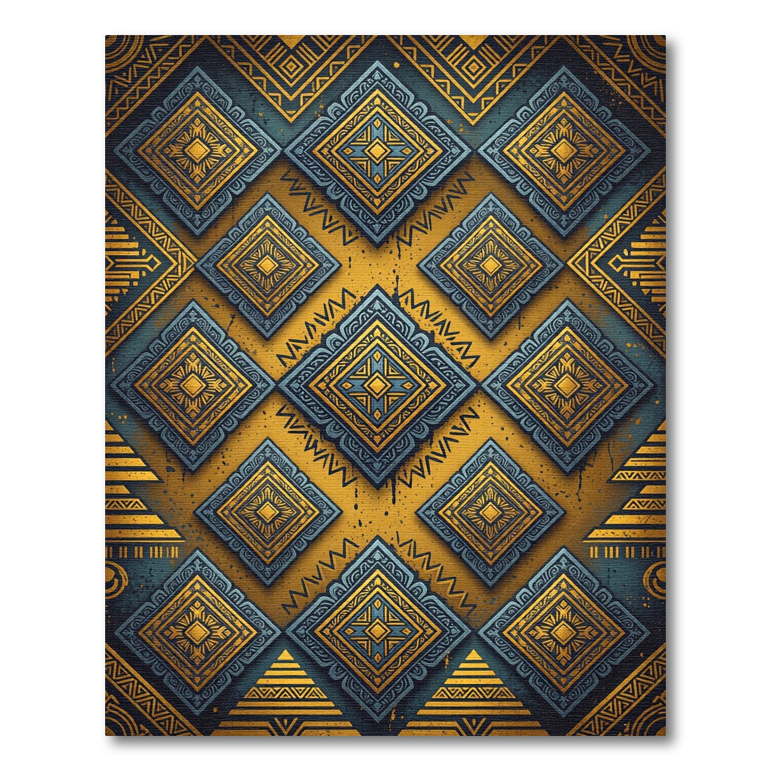 Golden Blue Tribal Diamond Medallions Rug