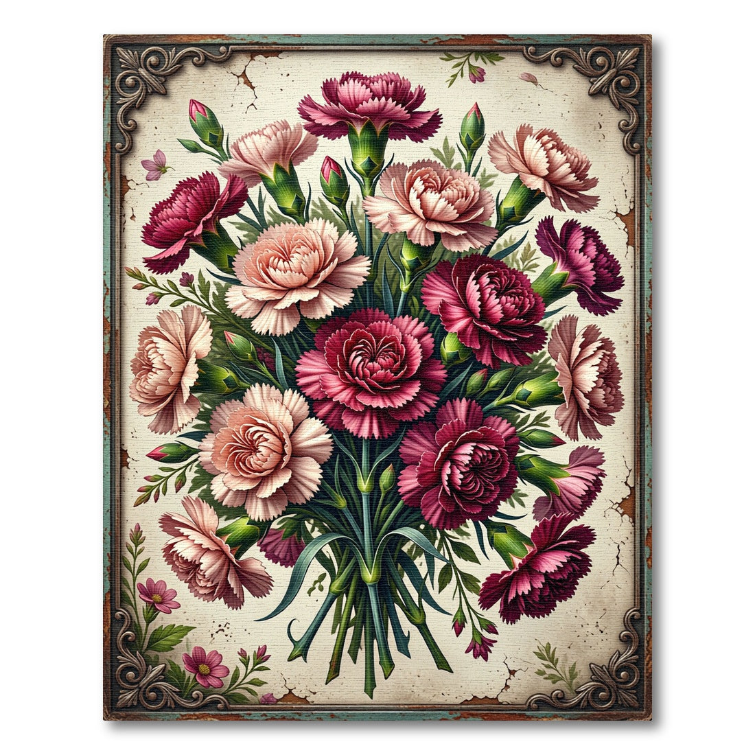 Vintage Pink Carnation Bouquet Illustration Rug