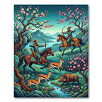 Turquoise Archers Hunt Amidst Cherry Blossoms Rug