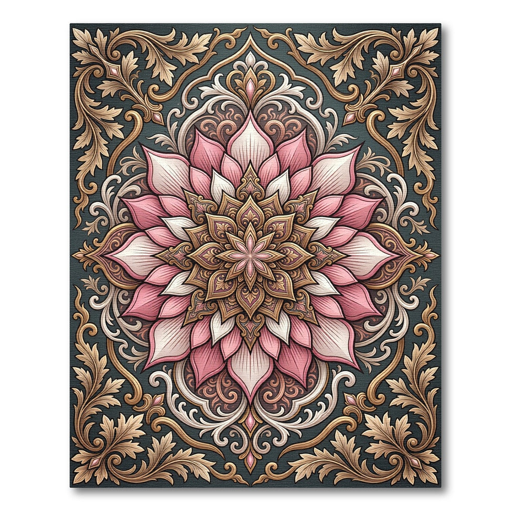 Pink White Intricate Lotus Mandala Rug