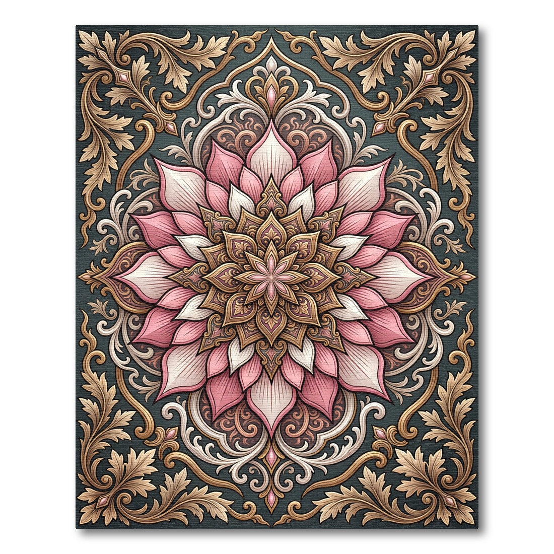 Pink White Intricate Lotus Mandala Rug