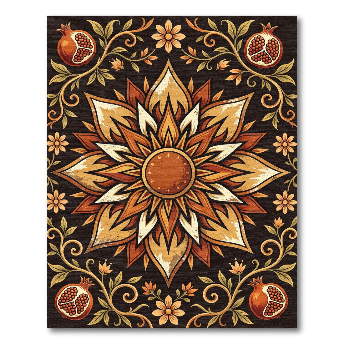 Golden Pomegranate Medallion Floral Earthy Scroll Rug