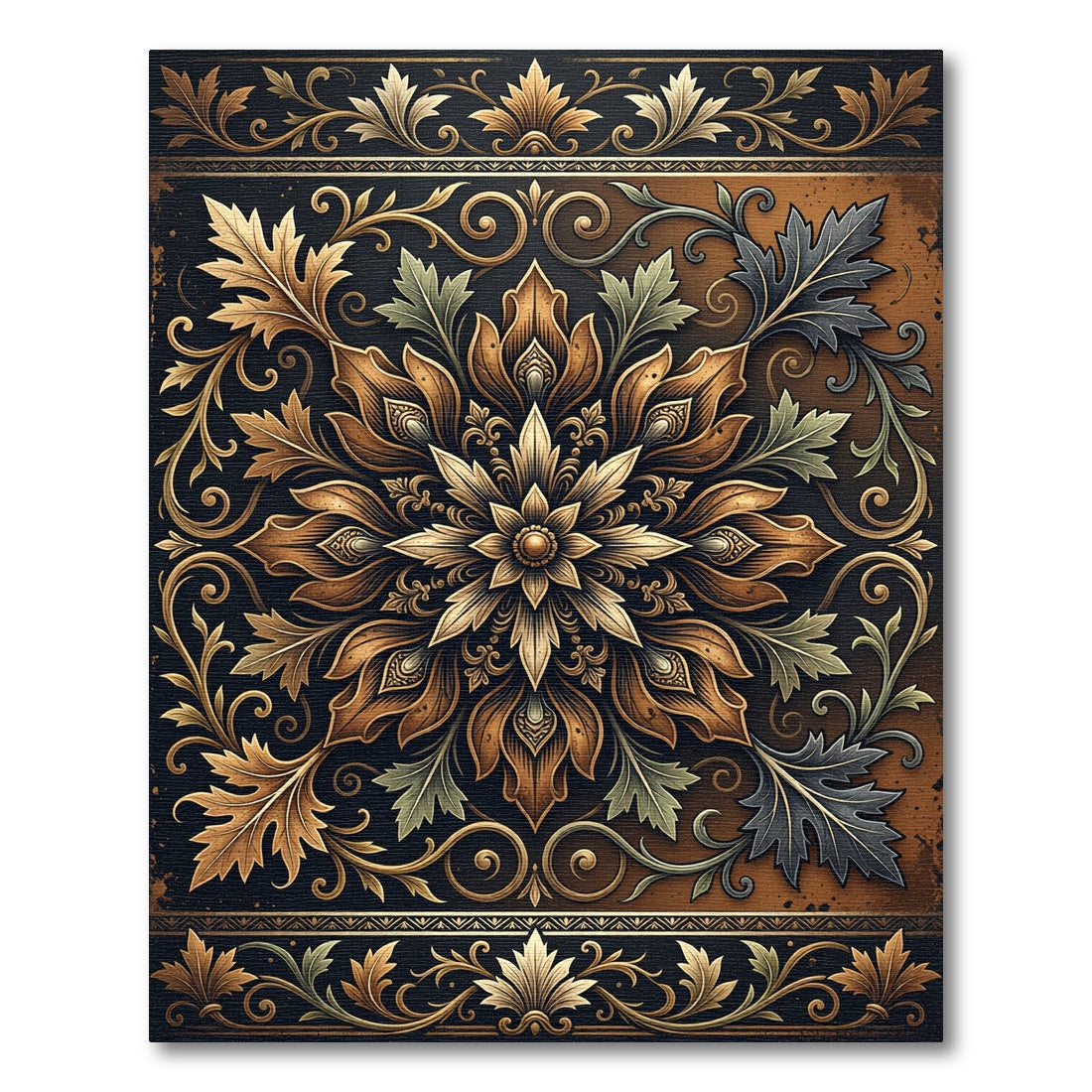 Ornate Bronze Floral Damask Medallion Rug