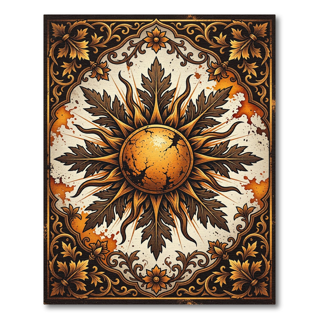 Gilded Sunburst Leaf Ornate Medallion Rug