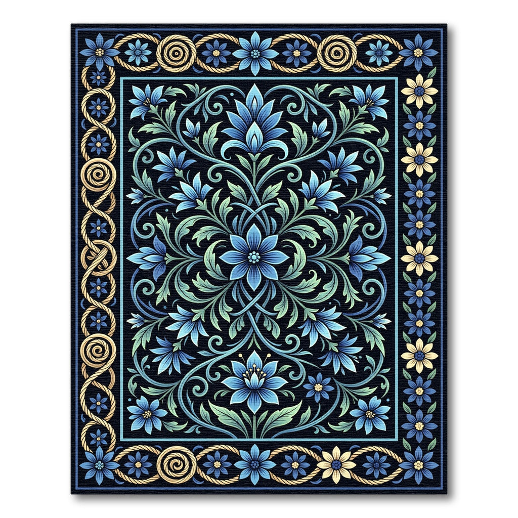 Blue Golden Floral Garland Border Rug