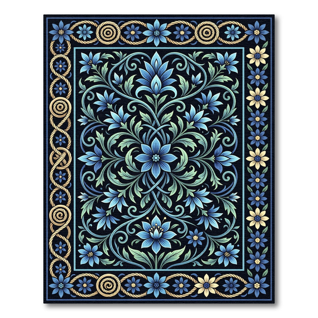 Blue Golden Floral Garland Border Rug