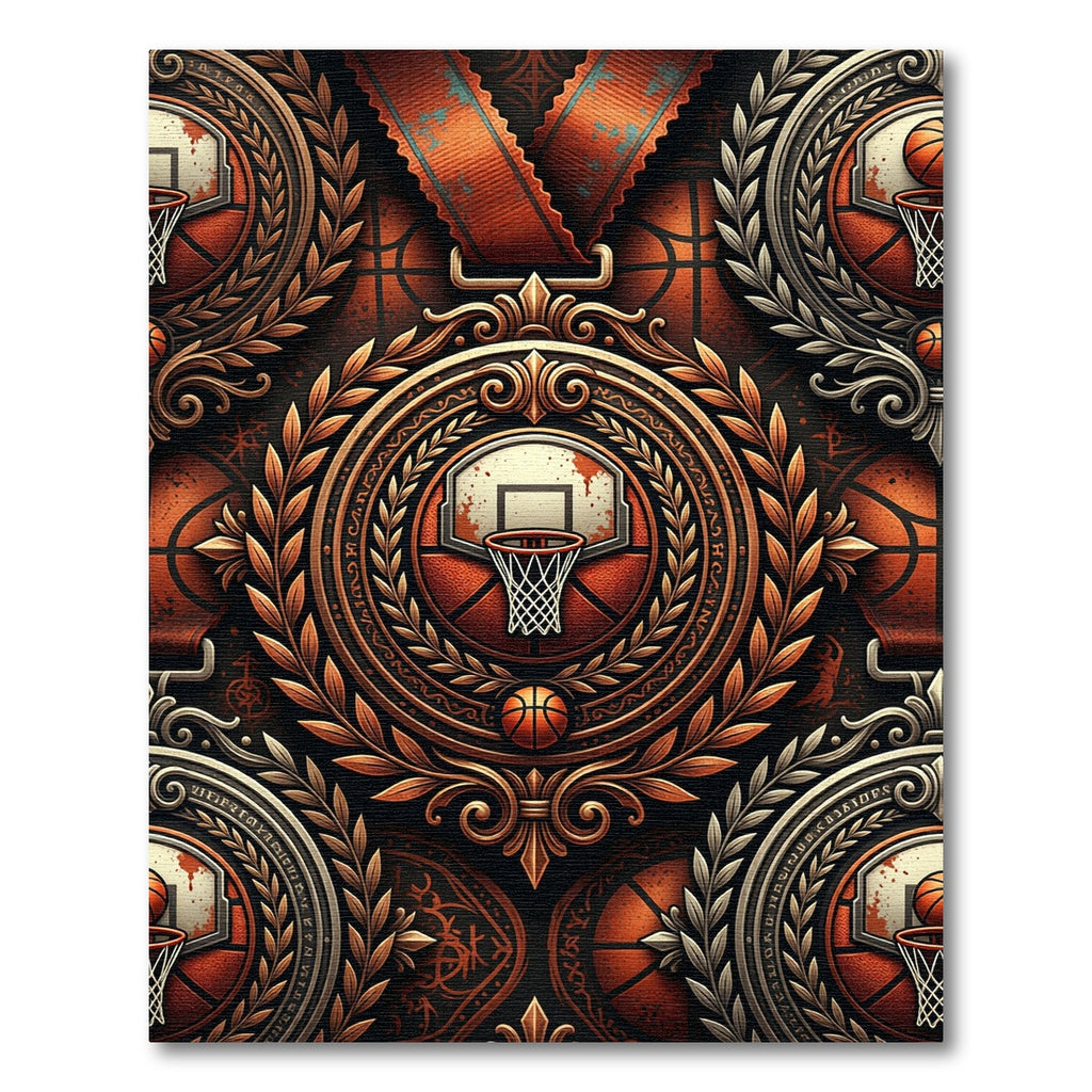 Ornate Bronze Basketball Emblem Medallion Rug