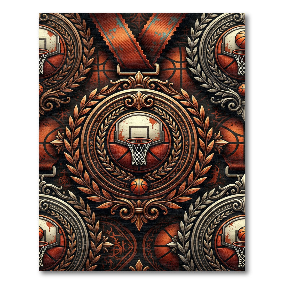 Ornate Bronze Basketball Emblem Medallion Rug