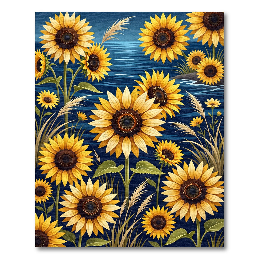 Golden Sunflower Field on Deep Blue Rug