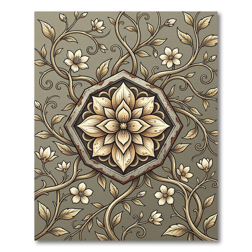 Elegant Golden Floral Hexagon Medallion Rug