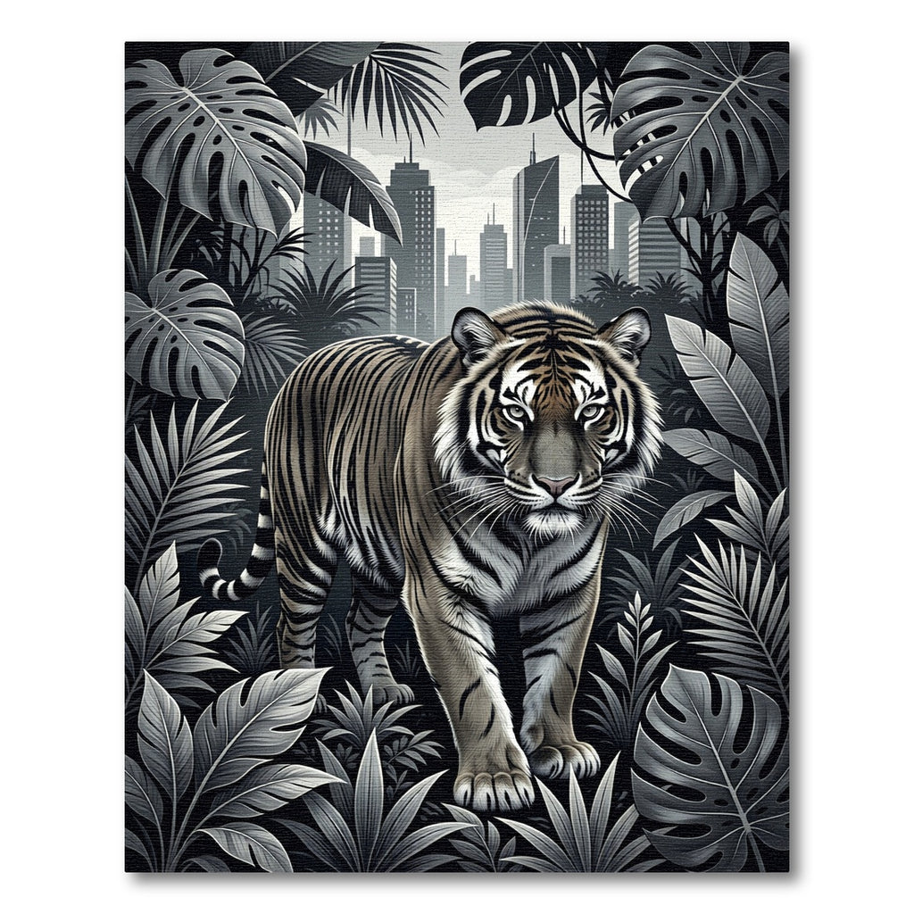 Monochrome Tiger Among Lush City Jungle Rug