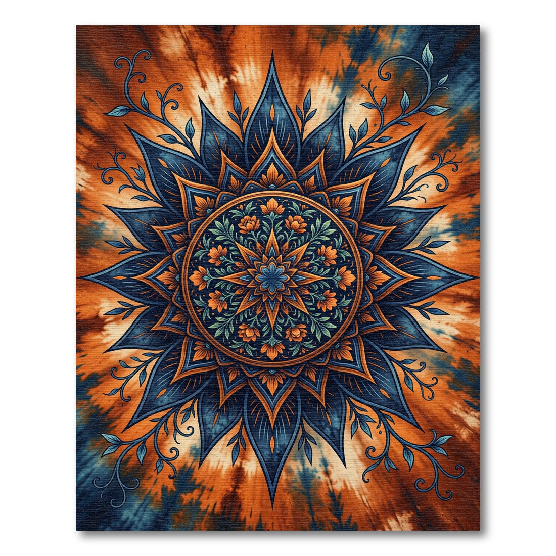 Vibrant Blue Orange Floral Mandala Rug