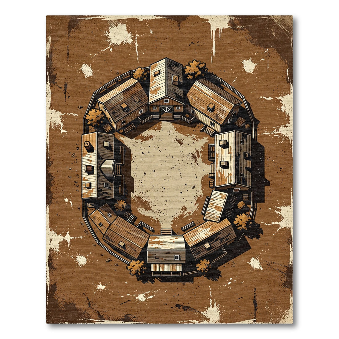 Rustic Farmhouse Village Circle Arrangement Rug