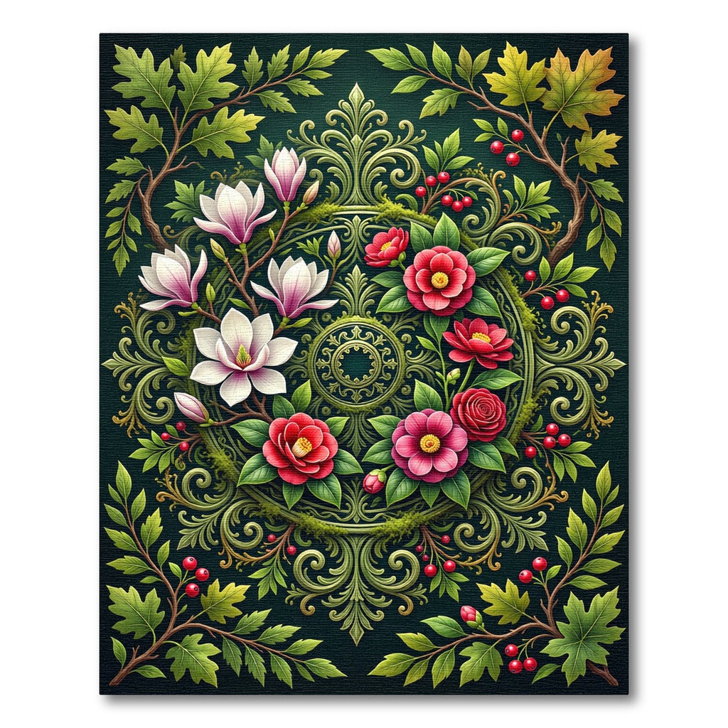 Elegant Floral Medallion Green Botanical Rug