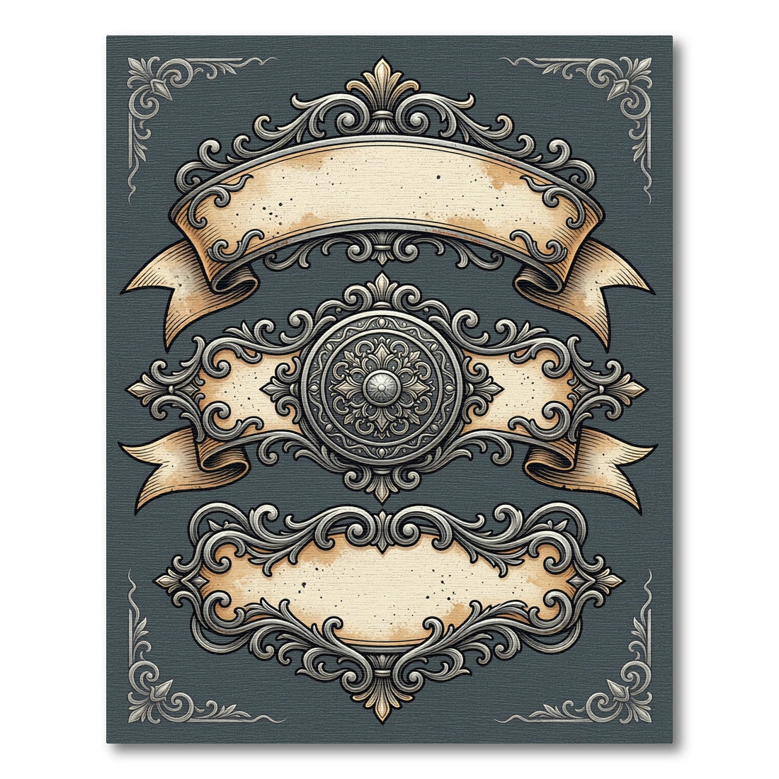 Ornate Silver Baroque Crest Scroll Ribbon Rug