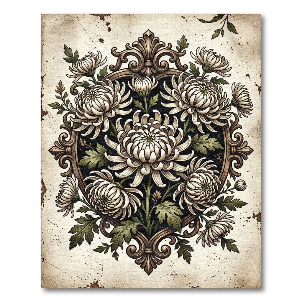 Vintage Cream Chrysanthemum Ornate Frame Rug