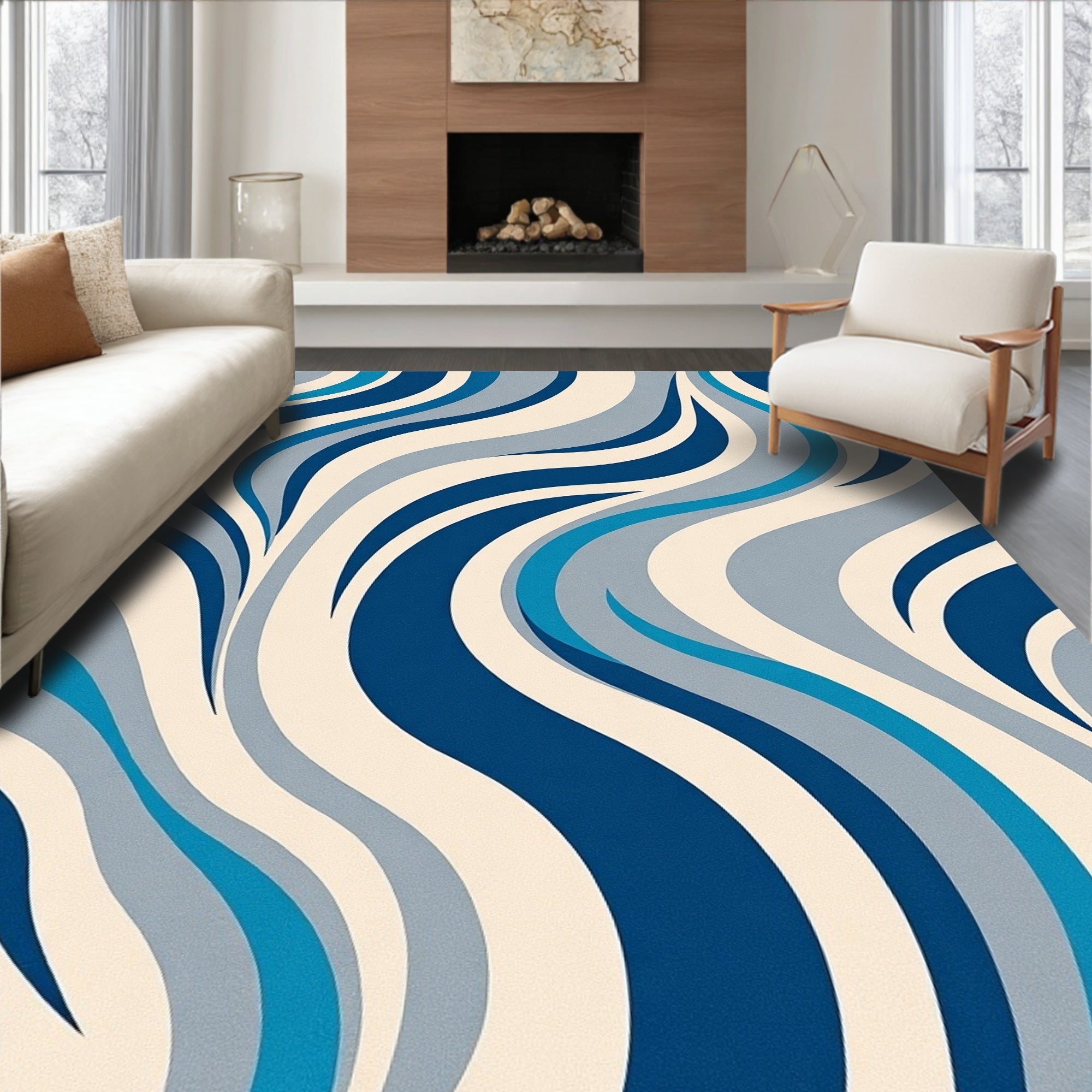 Abstract Blue Cream Swirl Pattern Rug
