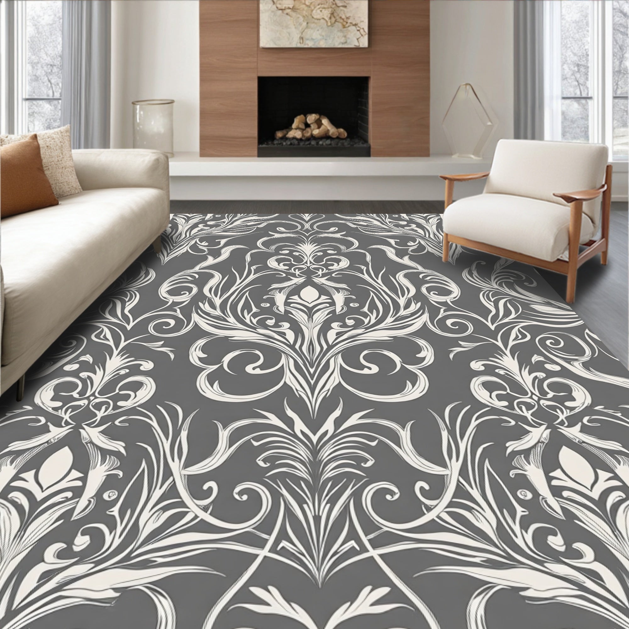 Elegant White Flourish Scroll Pattern Rug