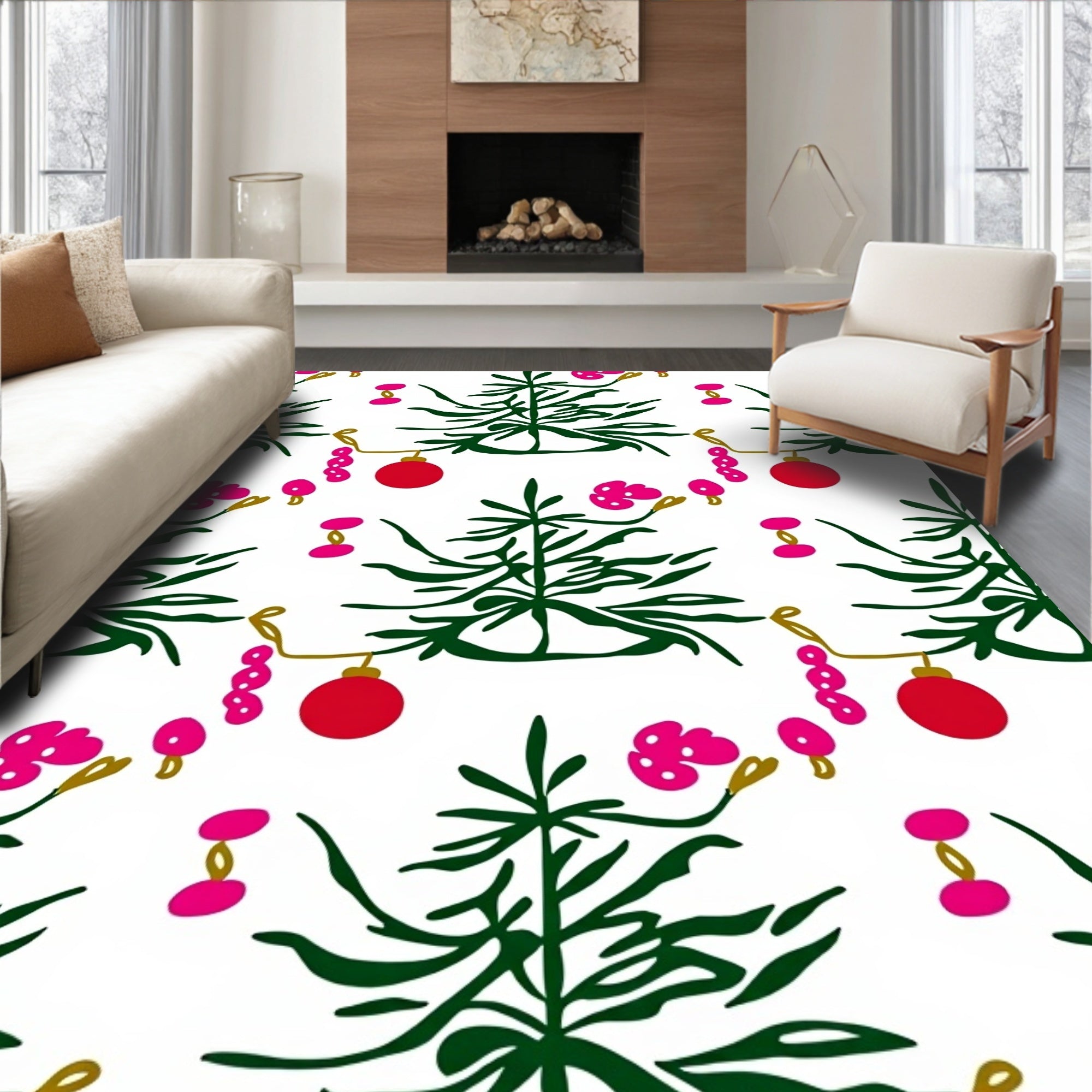 Festive Green Pine Trees Ornaments Rug