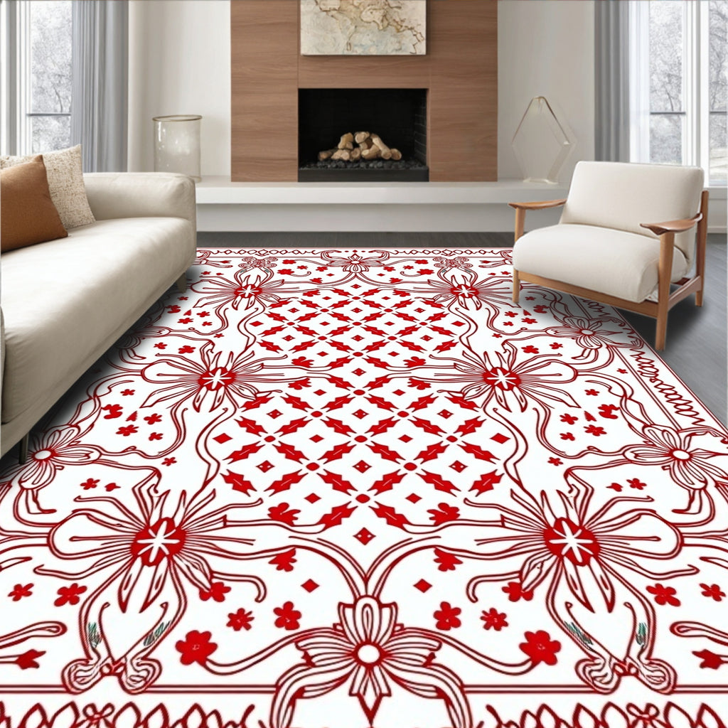 Red Floral Geometric Whimsical Design Rug