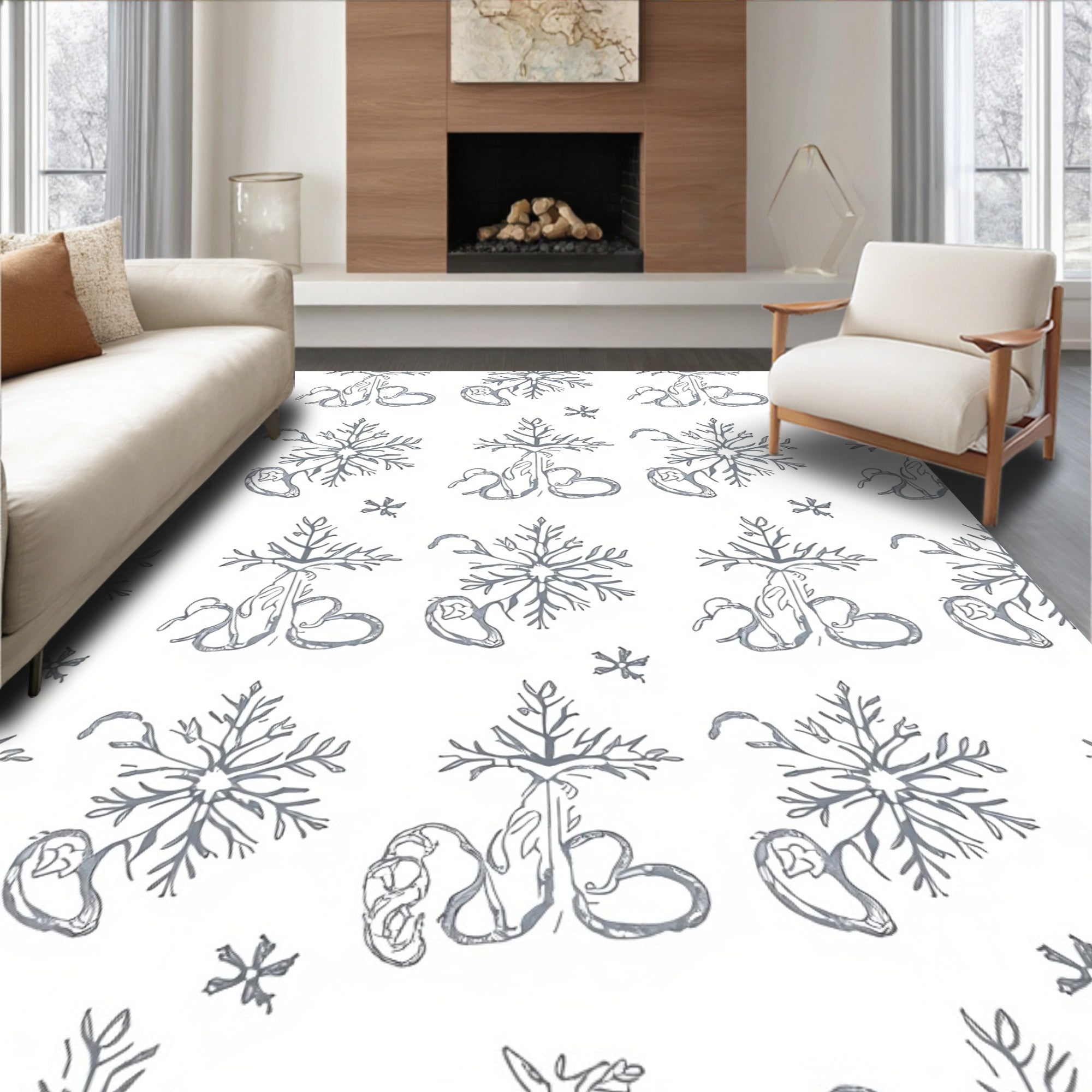Gray Snowflake Tree Abstract Medallion Rug