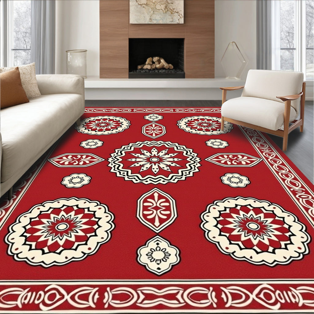 Bright Red Floral Medallion Pattern Rug