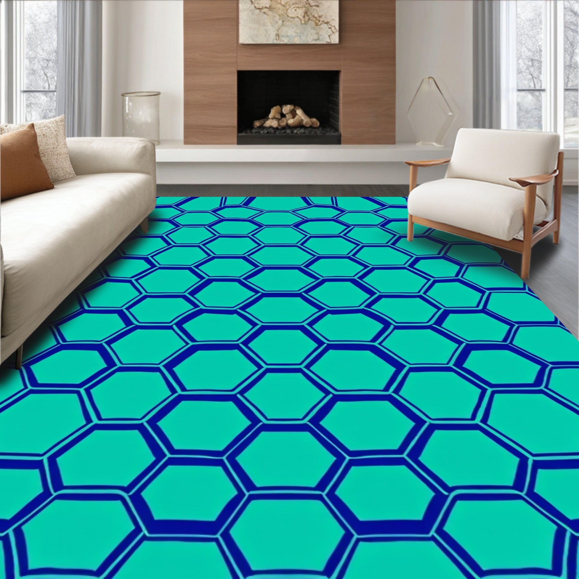 Modern Teal And Blue Hexagonal Pattern Rug