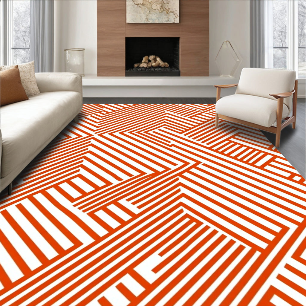 Modern Red White Geometric Pattern Rug