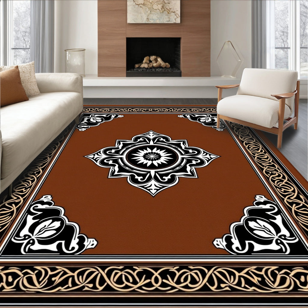 Intricate Black and Gold Scroll Border Rug