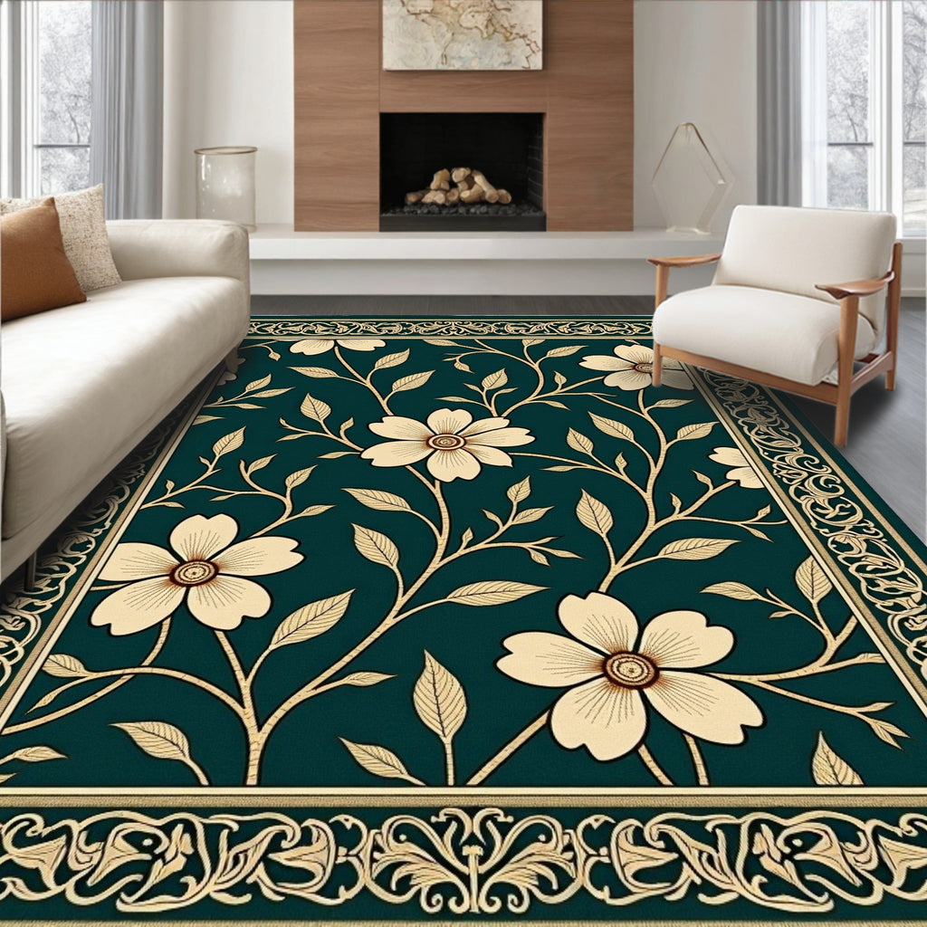Floral Vine Bordered Dark Green Rug