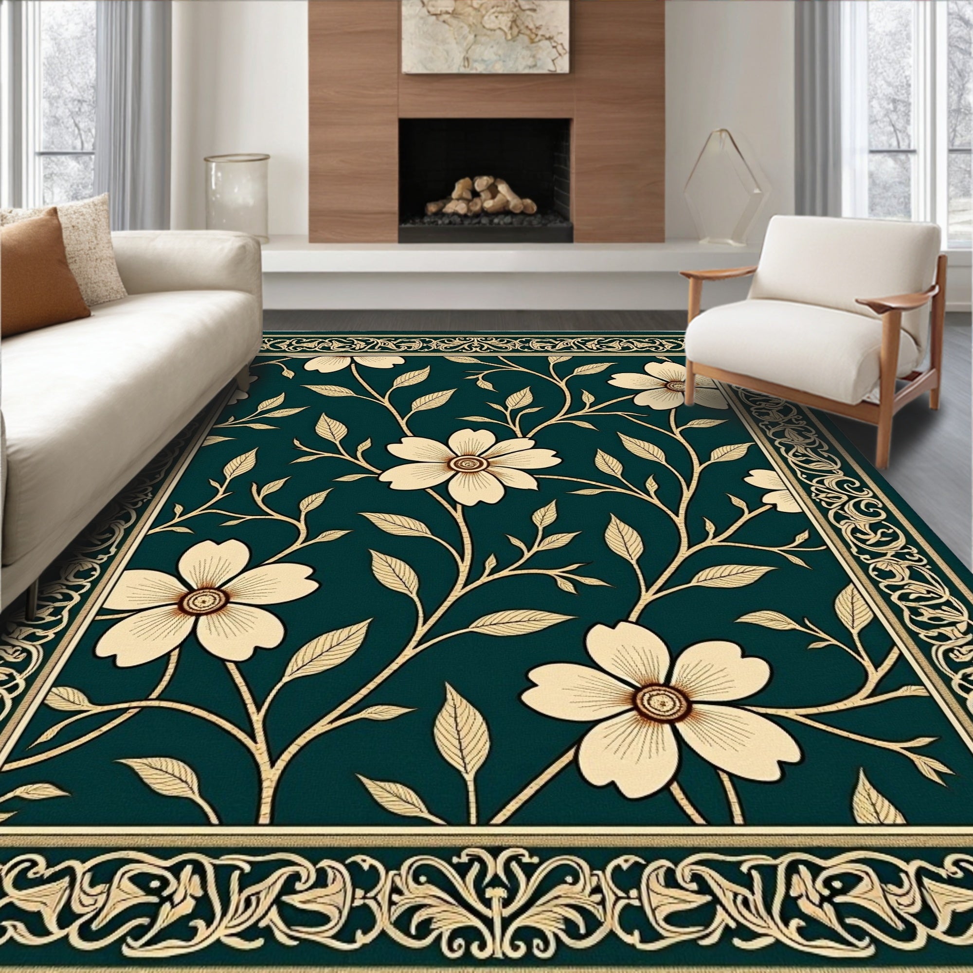 Floral Vine Bordered Dark Green Rug
