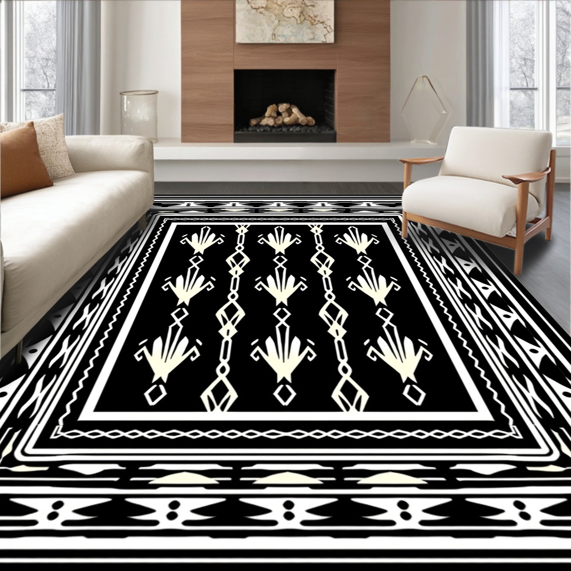 Black White Geometric Fan Pattern Rug
