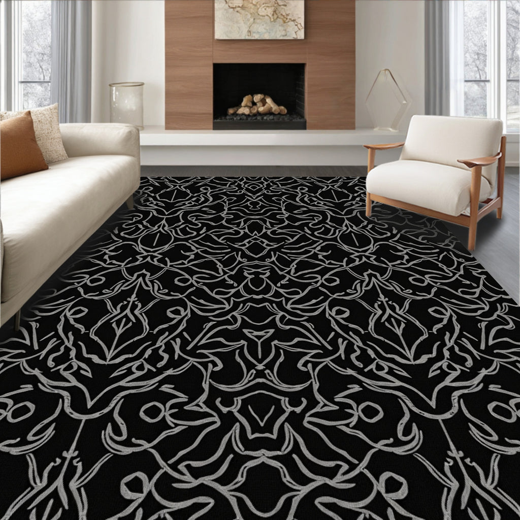 Ornate Grey and Black Damask Pattern Rug