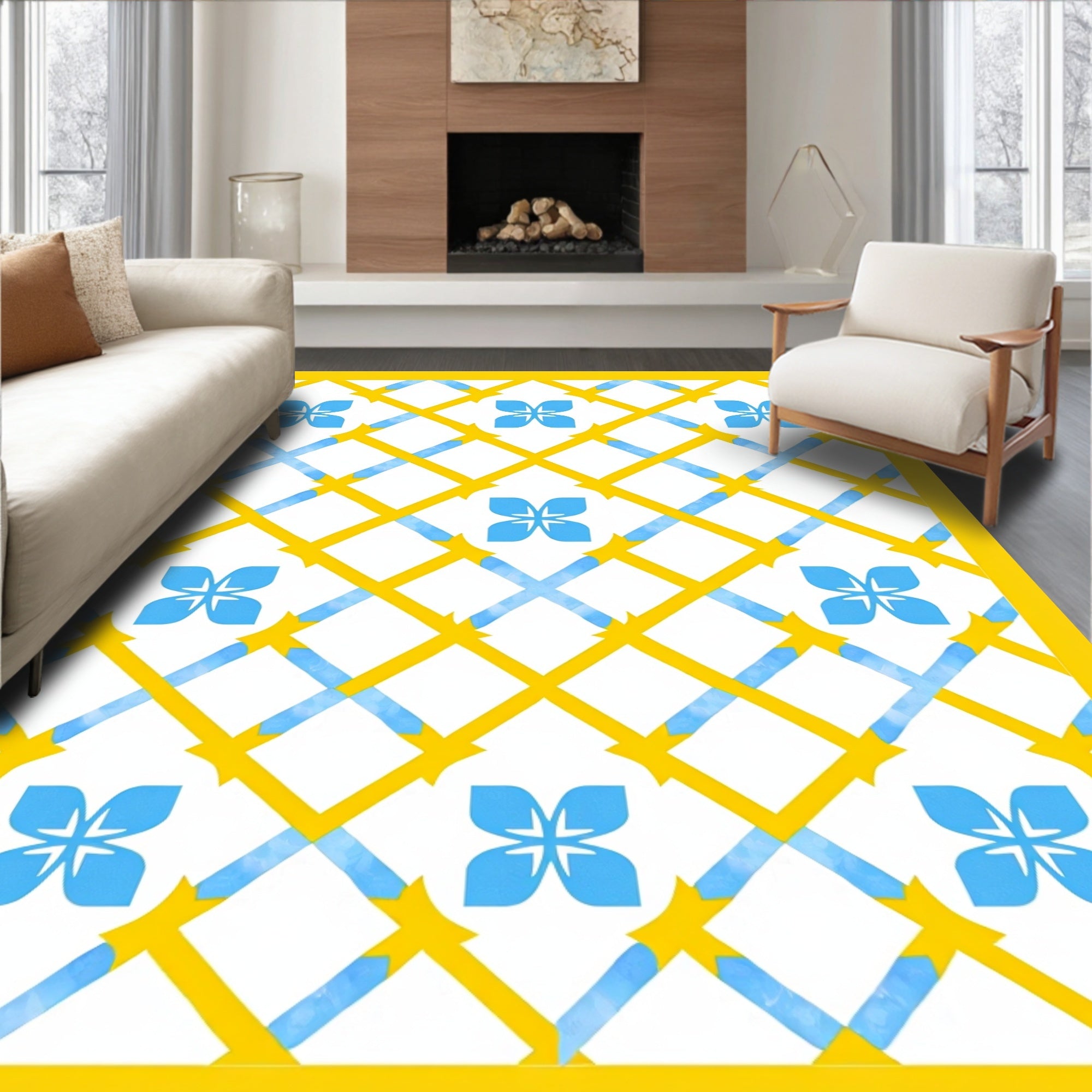 Sunny Yellow Blue Floral Lattice Pattern Rug