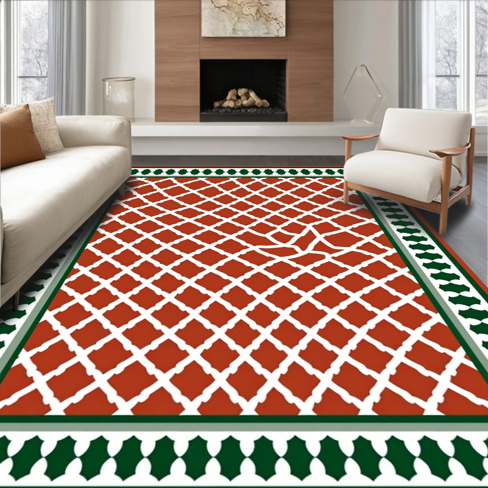 Terracotta Lattice Bordered Geometric Design Rug