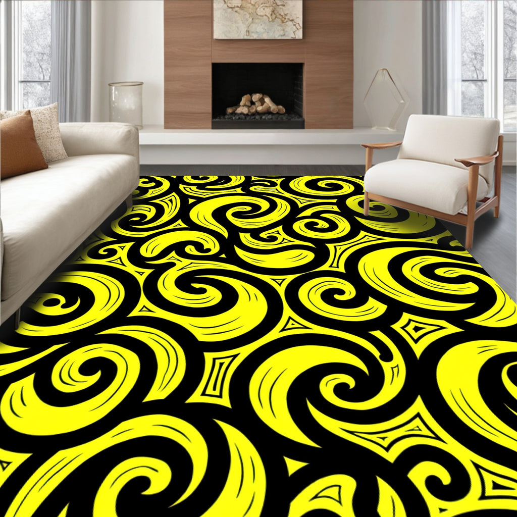 Bold Yellow Swirl Abstract Pattern Rug