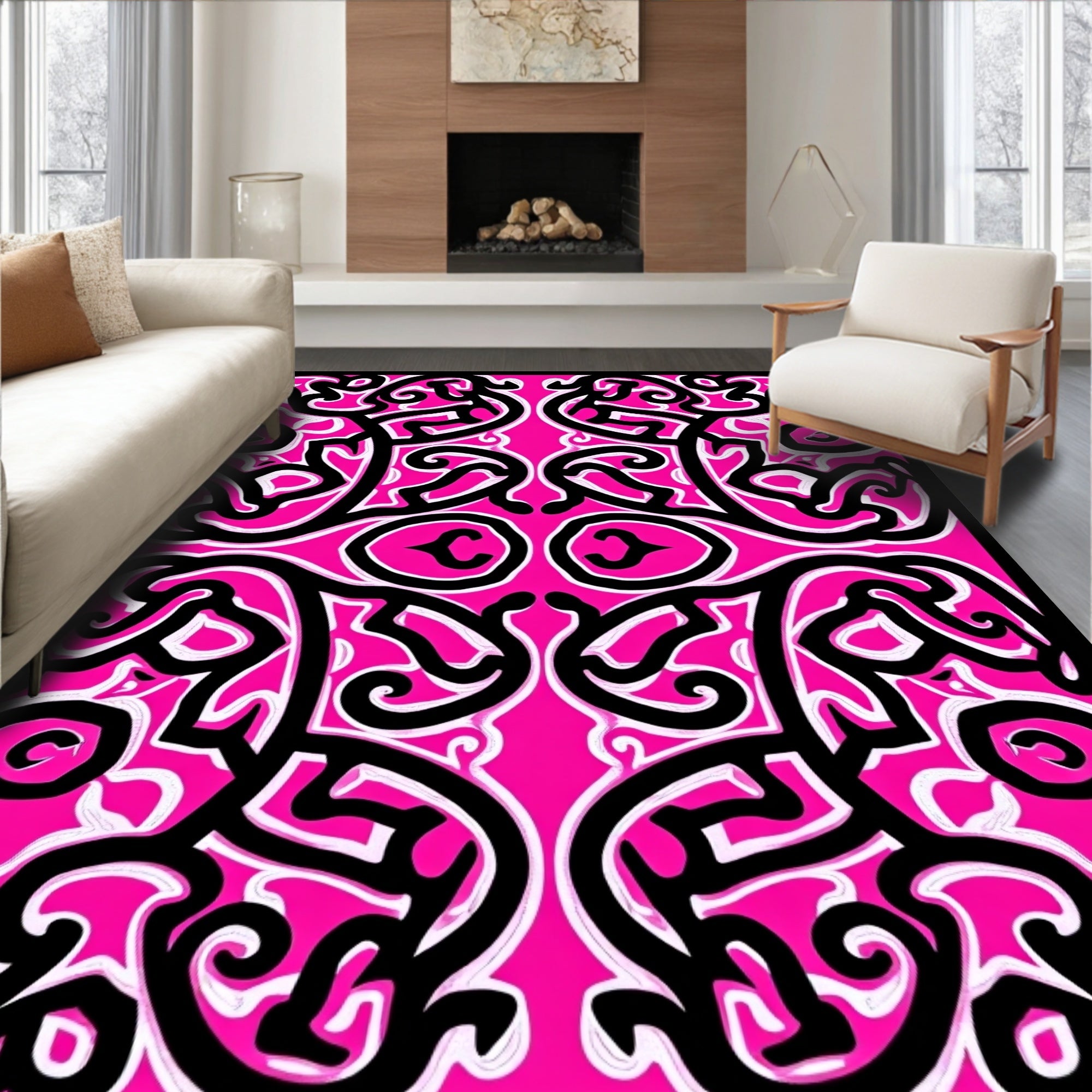 Vibrant Pink Abstract Swirl Design Rug