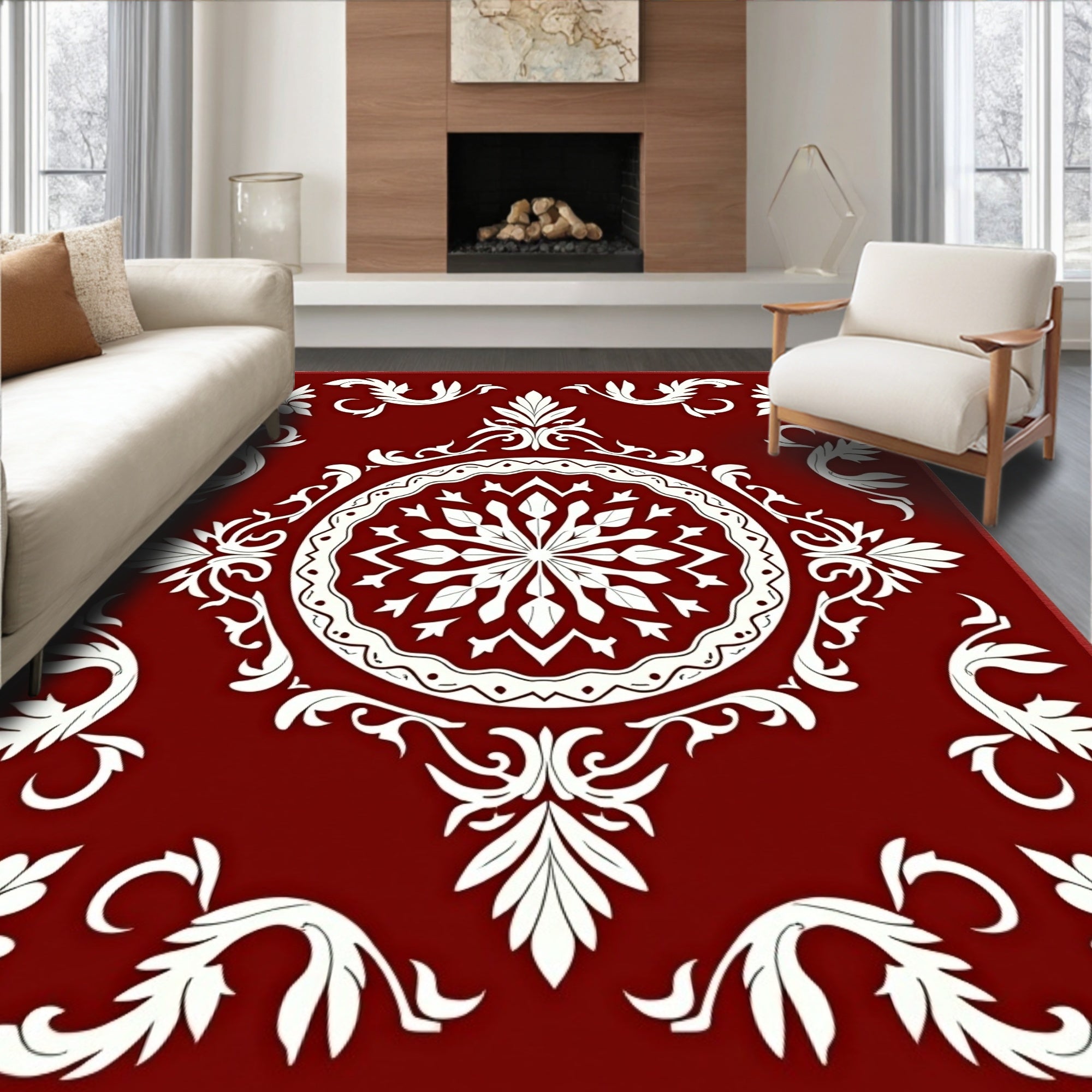 Classic Floral Medallion Red White Rug
