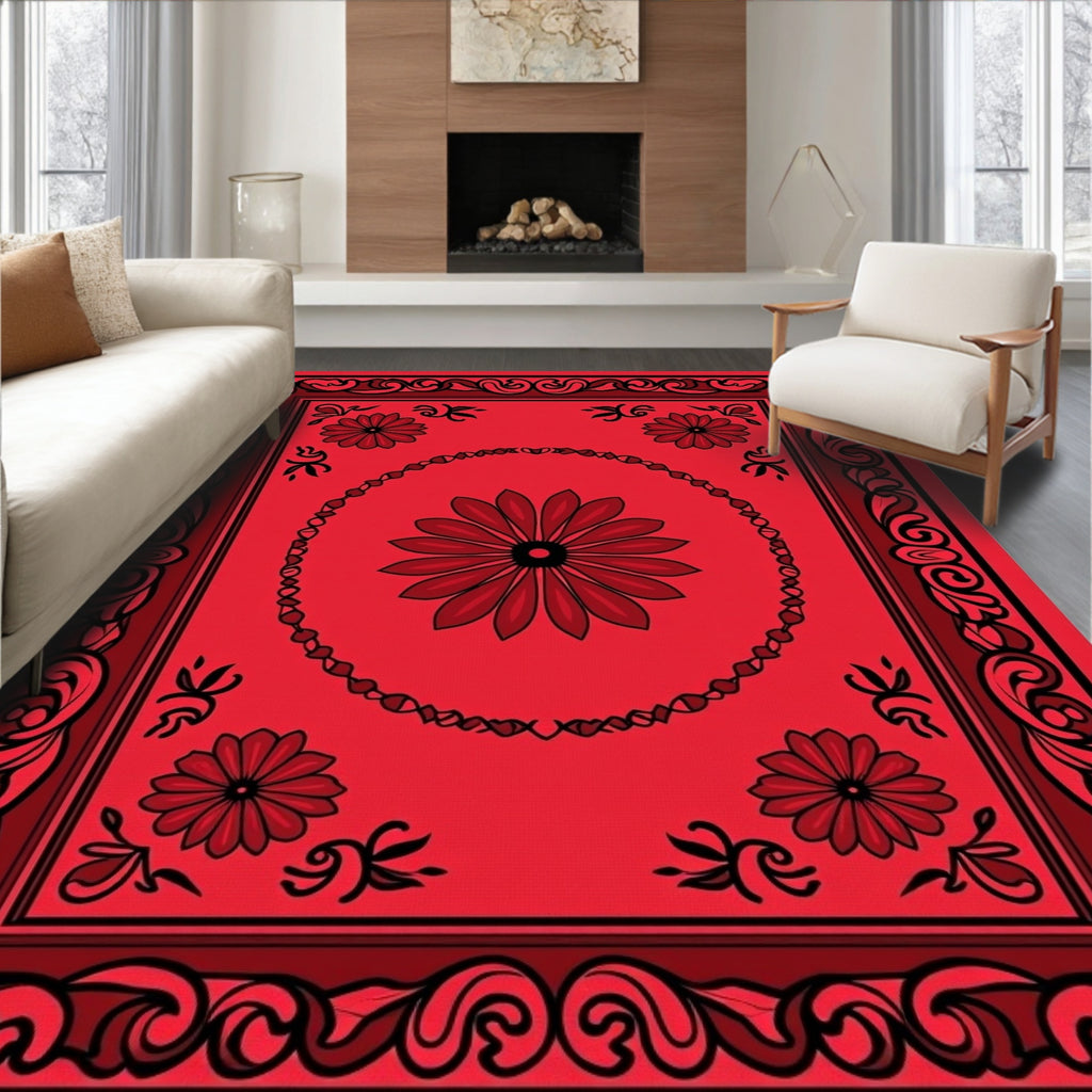 Bold Red Floral Frame Design Rug