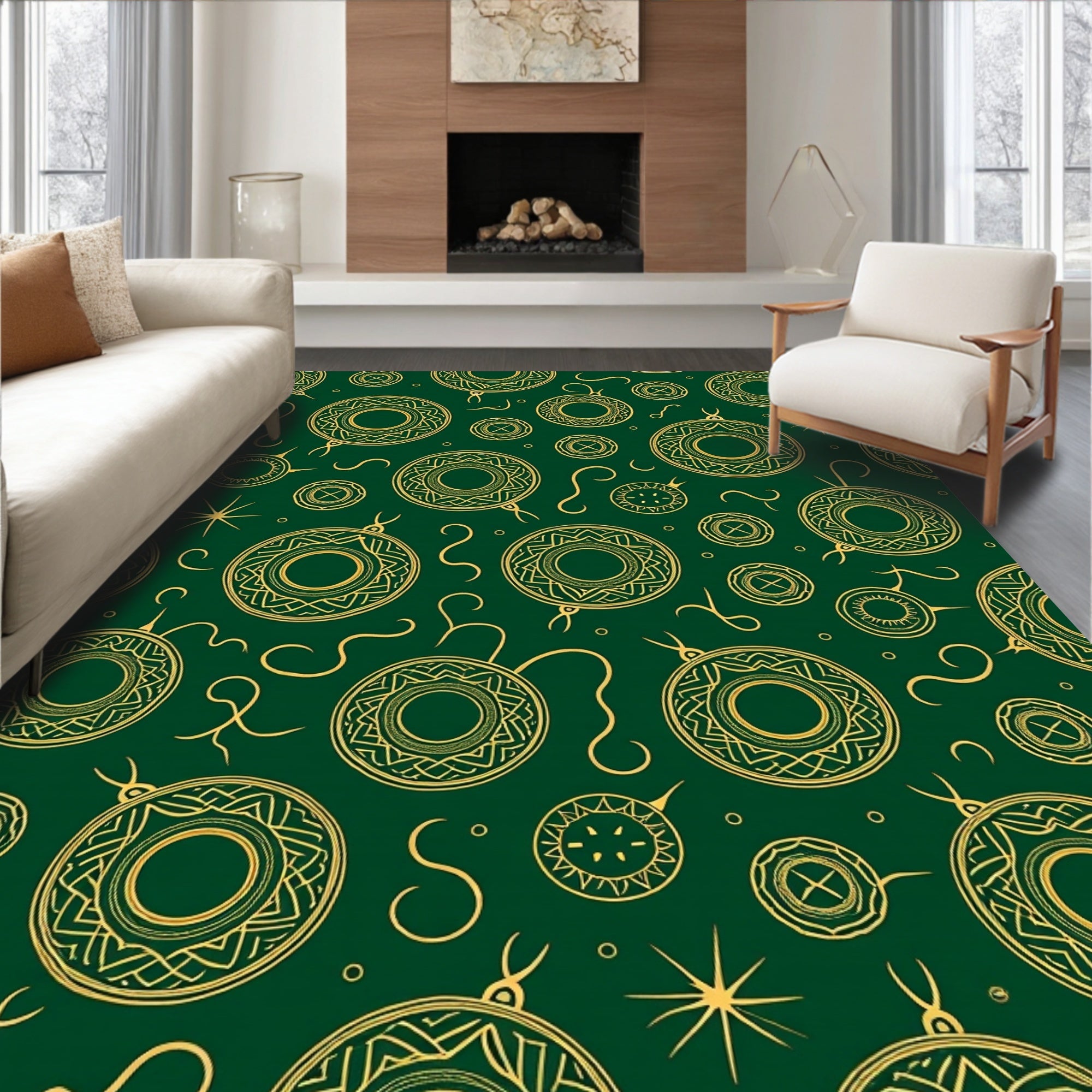 Emerald Gold Festive Holiday Ornaments Rug