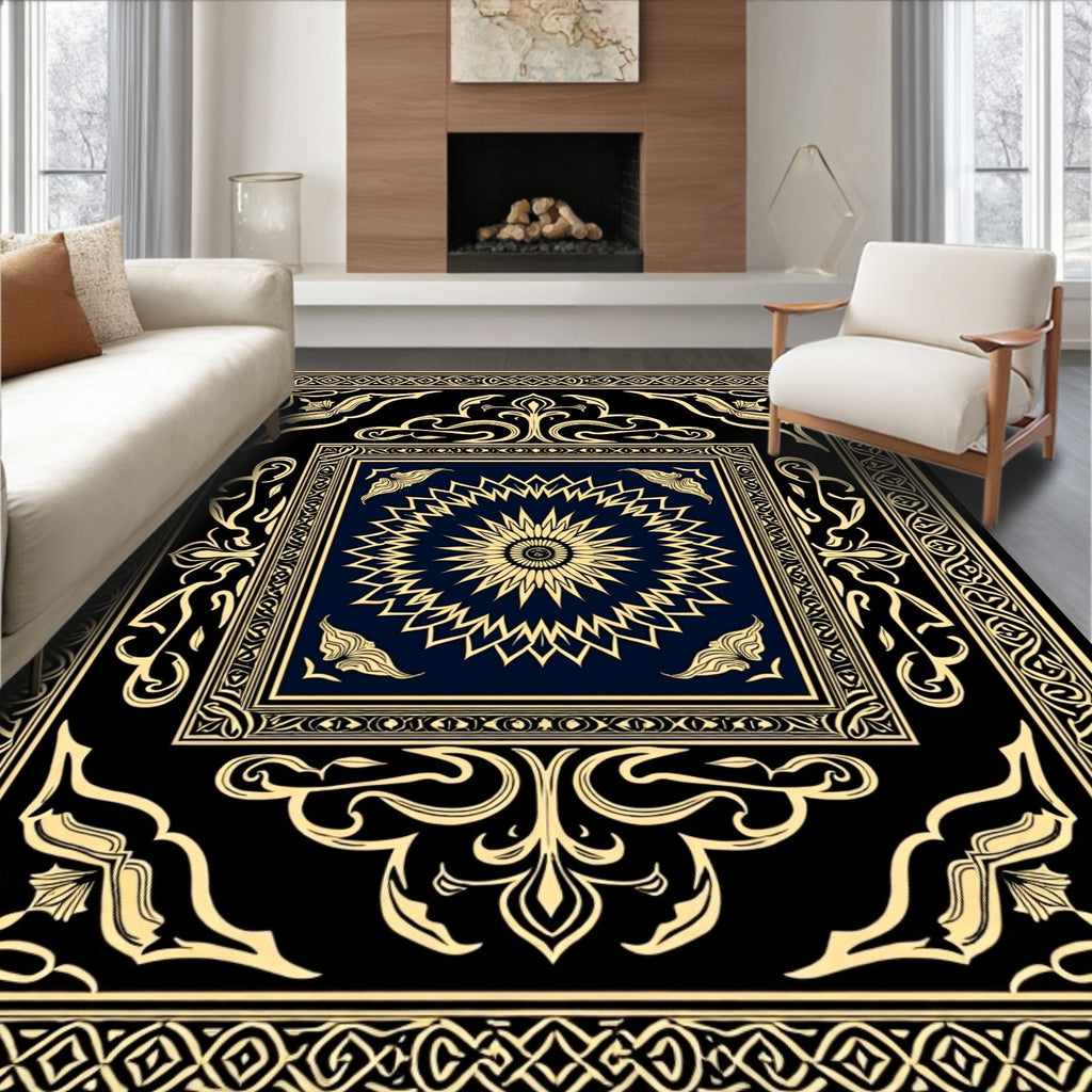Classic Black Gold Mandala Border Rug