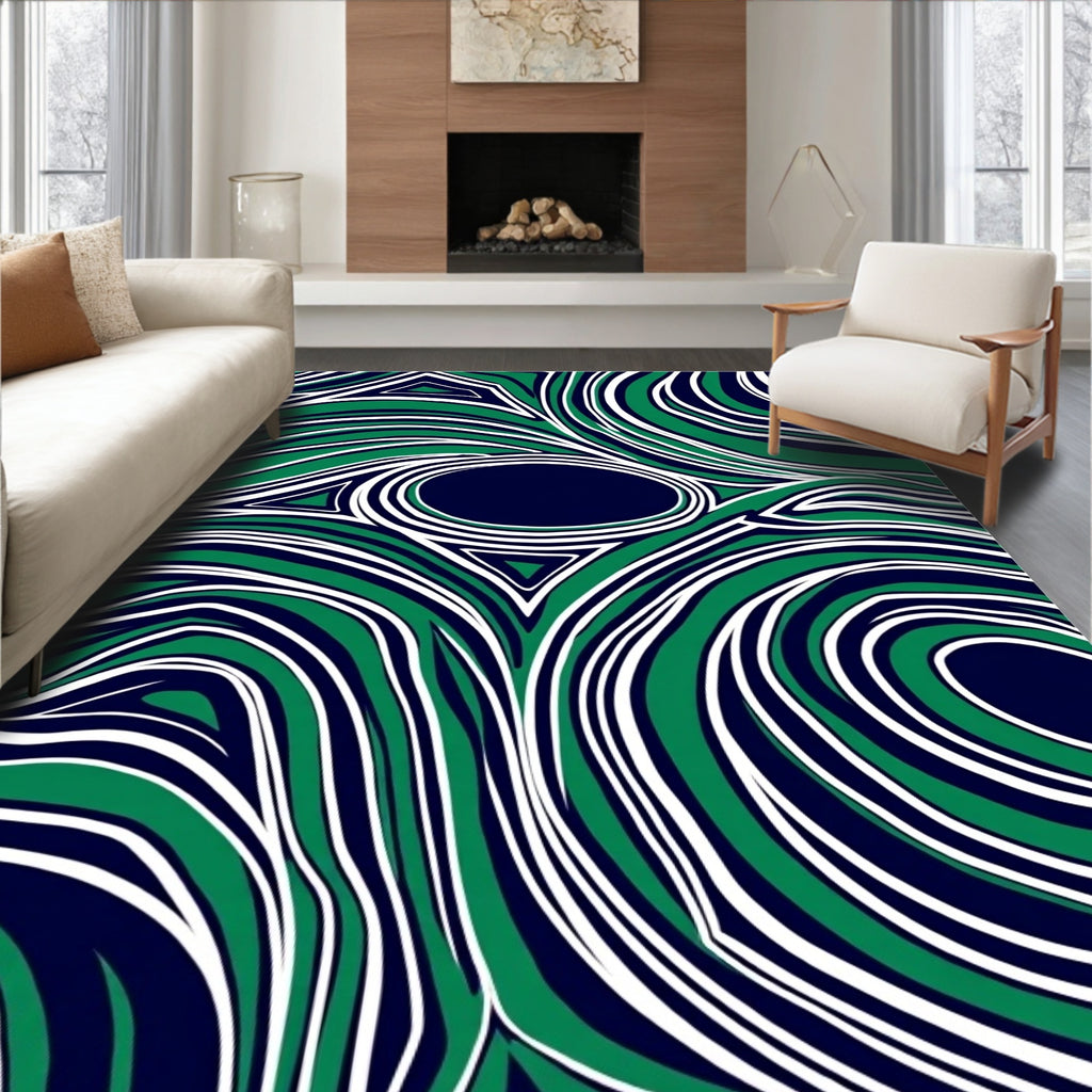 Abstract Wavy Green And Navy Swirls Rug