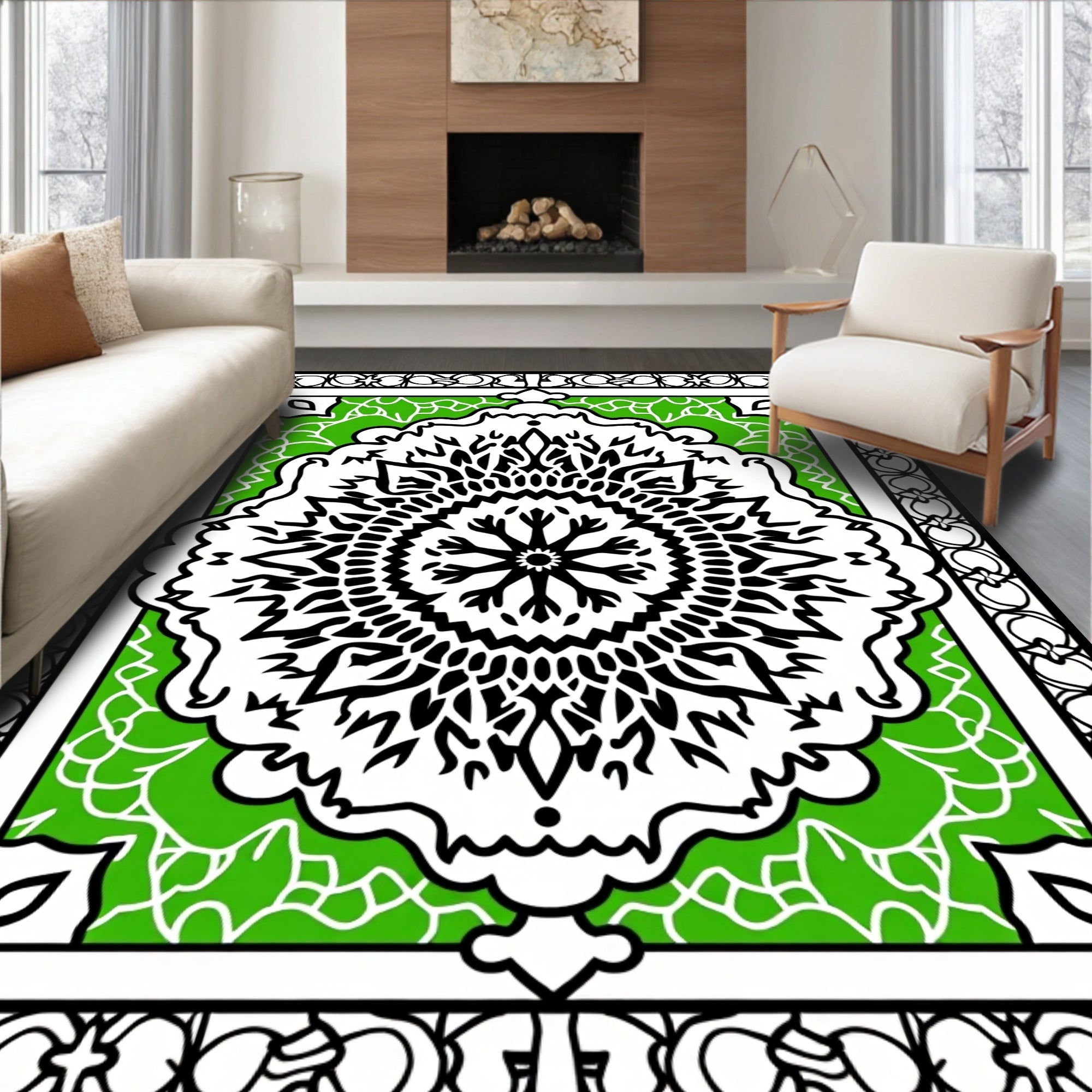 Black White Green Mandala Pattern Rug