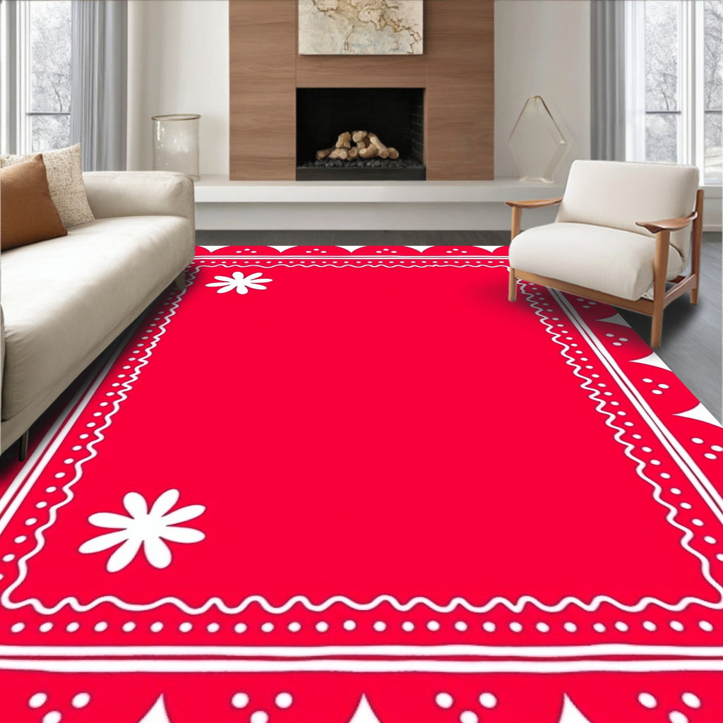 Red Scalloped Floral Border Rug