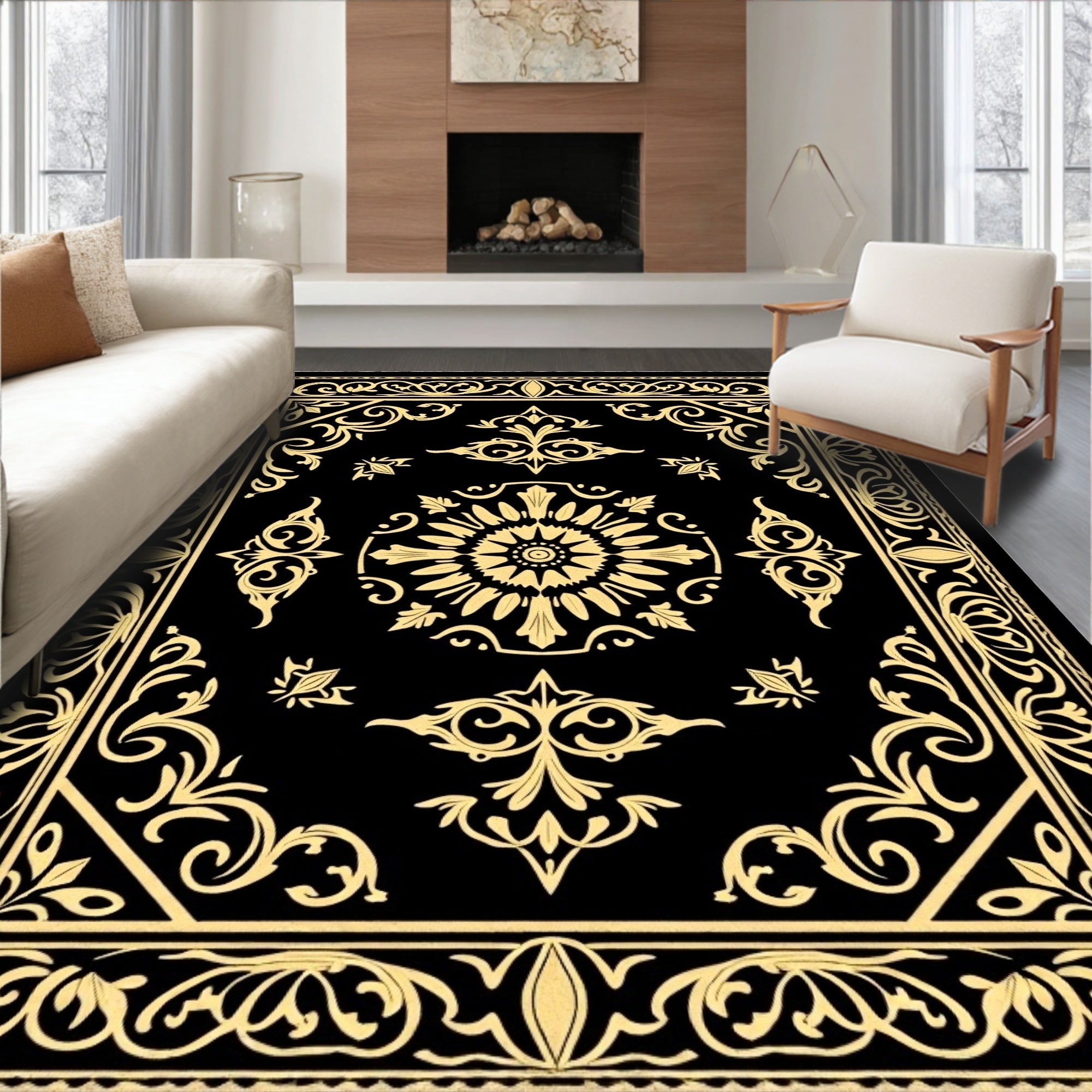 Elegant Black Gold Floral Border Rug