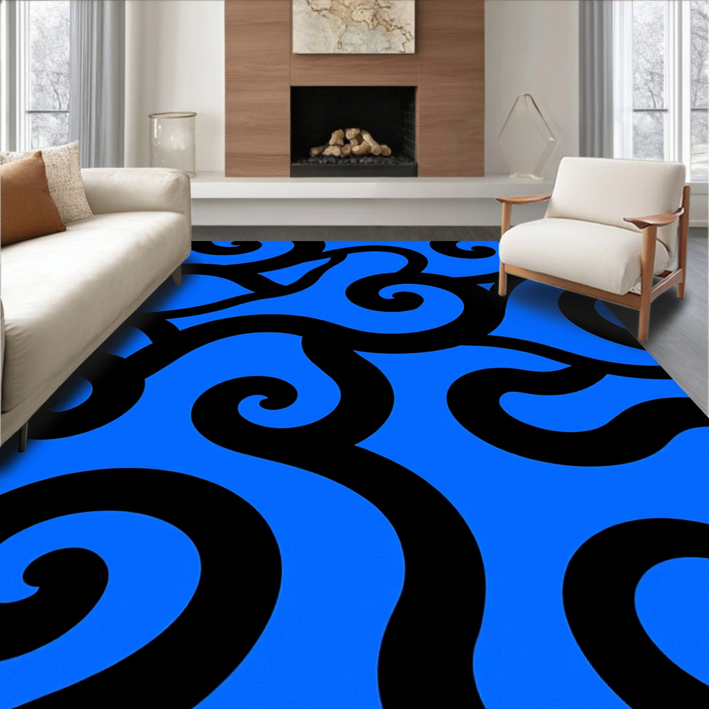 Bold Black Swirls On Bright Blue Rug